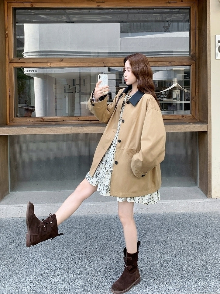 Khaki Plaid Patchwork Pu Leather Trench Coat
