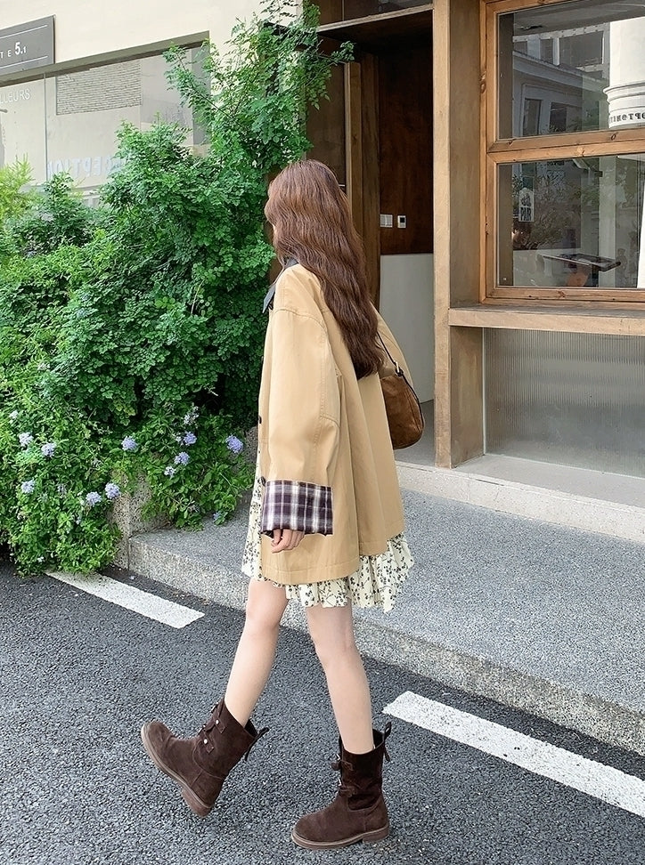 Khaki Plaid Patchwork Pu Leather Trench Coat