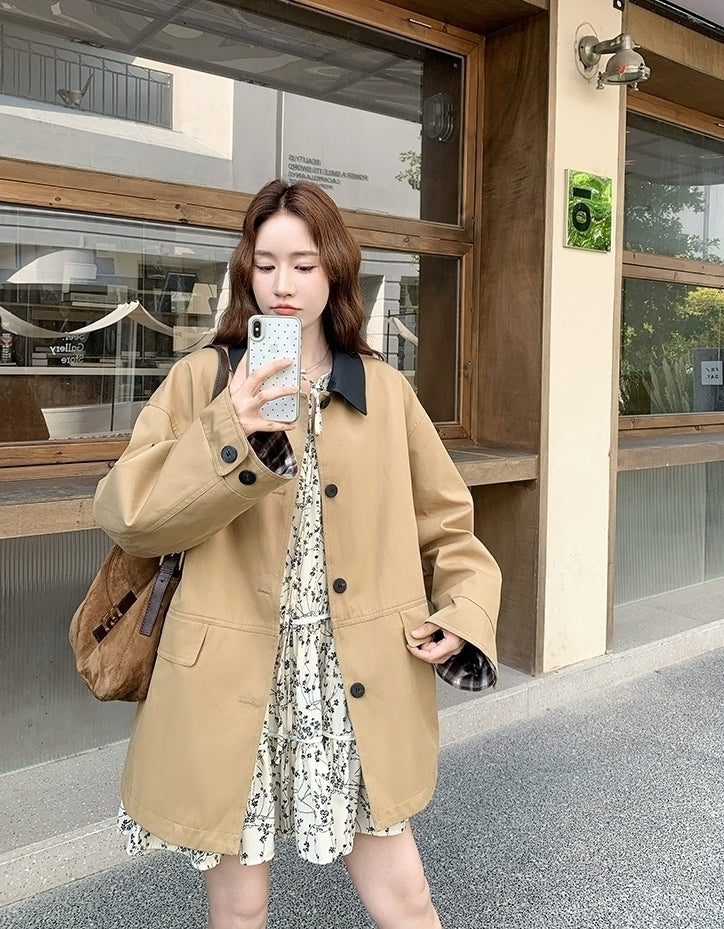 Khaki Plaid Patchwork Pu Leather Trench Coat