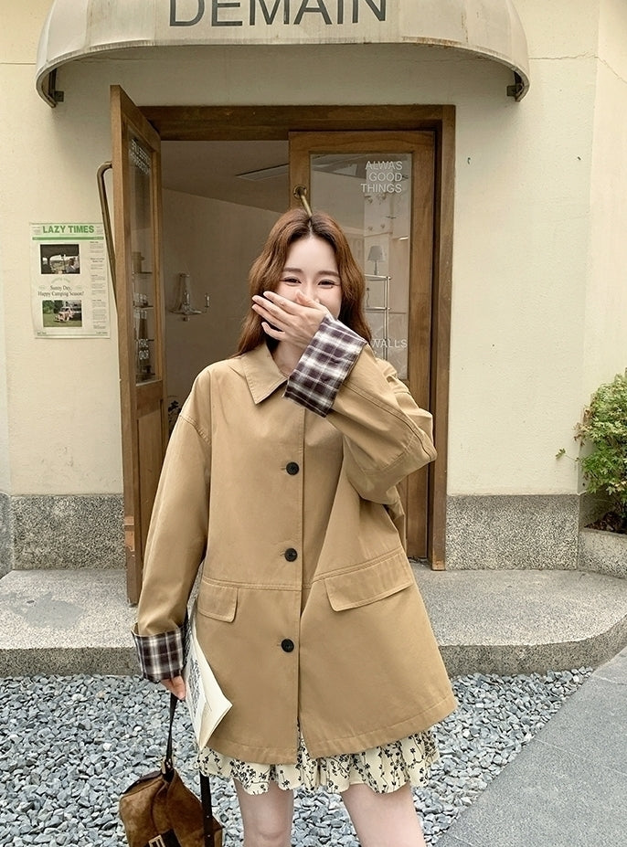 Khaki Plaid Patchwork Pu Leather Trench Coat