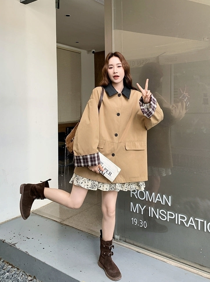 Khaki Plaid Patchwork Pu Leather Trench Coat