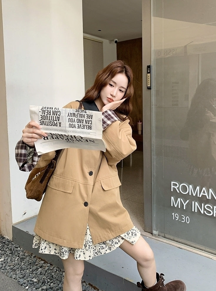 Khaki Plaid Patchwork Pu Leather Trench Coat
