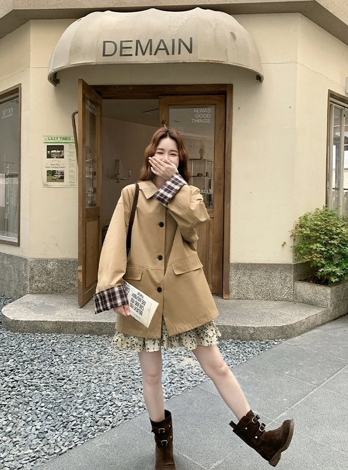 Khaki Plaid Patchwork Pu Leather Trench Coat