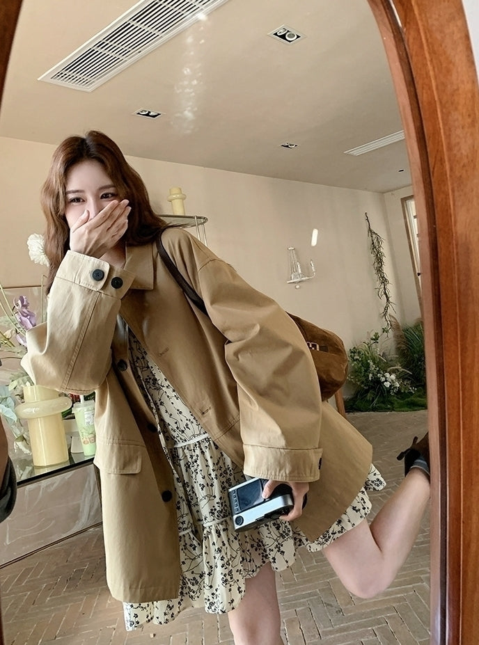 Khaki Plaid Patchwork Pu Leather Trench Coat