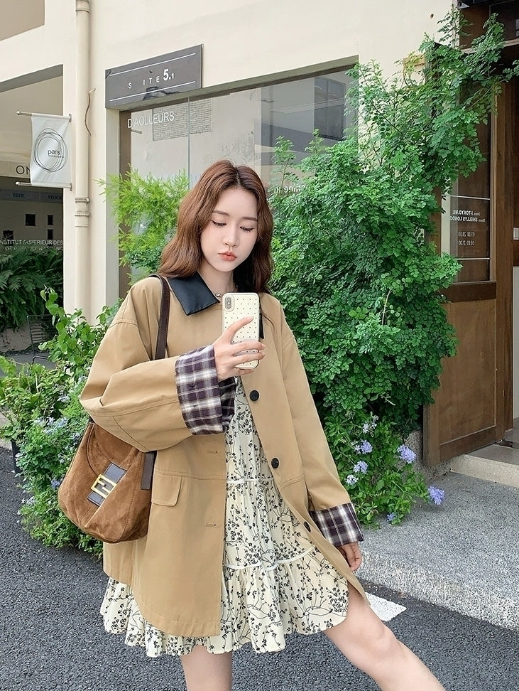 Khaki Plaid Patchwork Pu Leather Trench Coat
