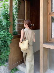 Khaki Relaxed Fit Suit Vest And Wide Leg Pants Set