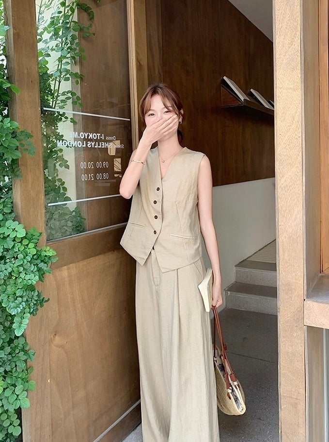 Khaki Relaxed Fit Suit Vest And Wide Leg Pants Set