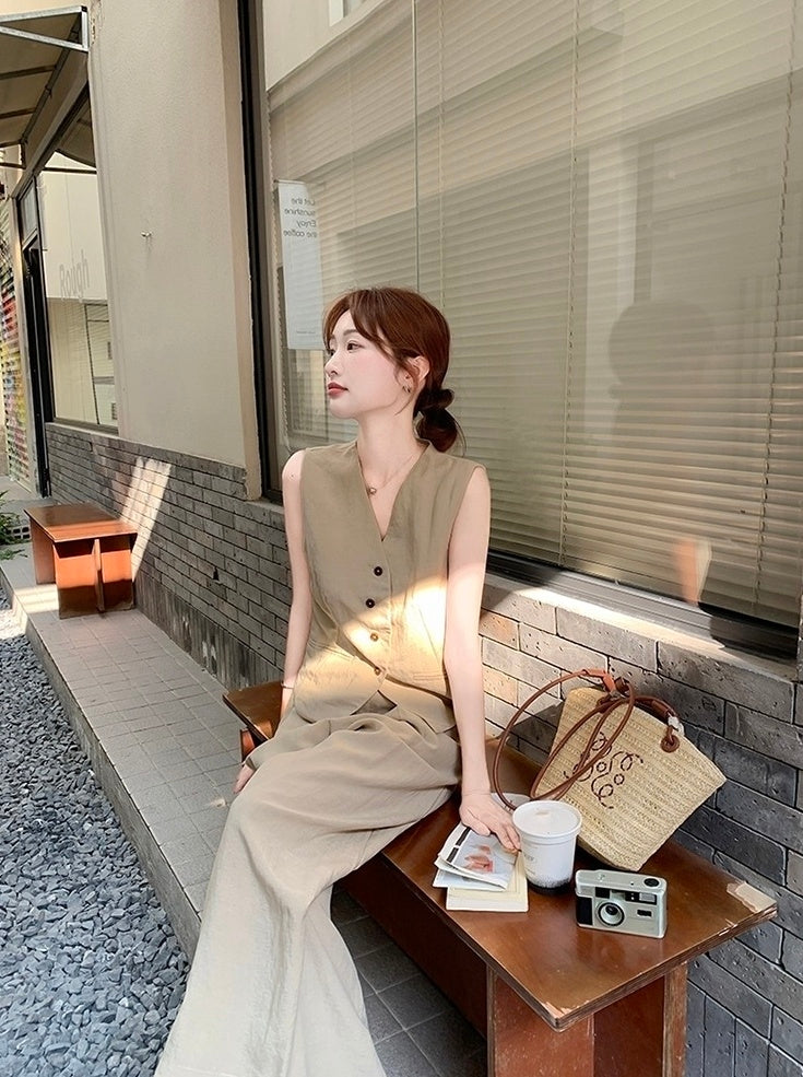 Khaki Relaxed Fit Suit Vest And Wide Leg Pants Set