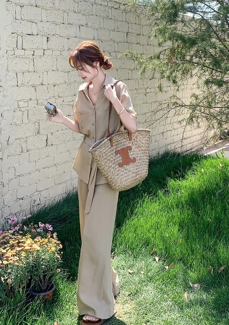 Khaki Relaxed Fit Waist Shirt And Wide Leg Pants Set