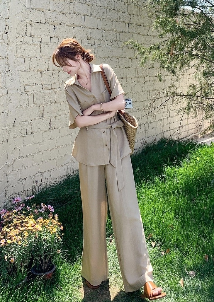 Khaki Relaxed Fit Waist Shirt And Wide Leg Pants Set