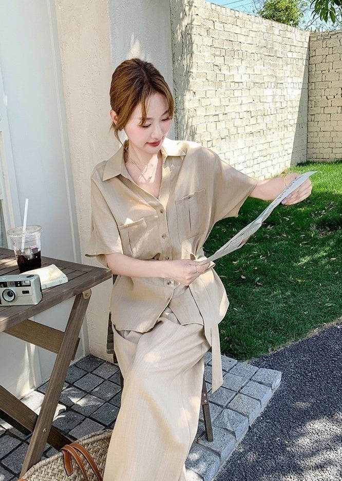 Khaki Relaxed Fit Waist Shirt And Wide Leg Pants Set