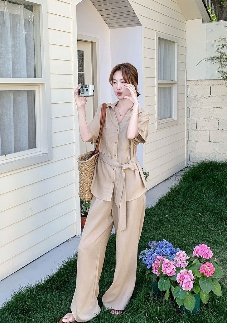 Khaki Relaxed Fit Waist Shirt And Wide Leg Pants Set