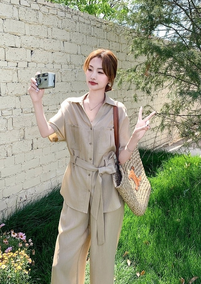 Khaki Relaxed Fit Waist Shirt And Wide Leg Pants Set