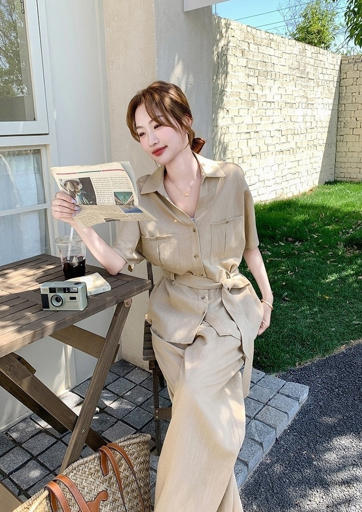 Khaki Relaxed Fit Waist Shirt And Wide Leg Pants Set
