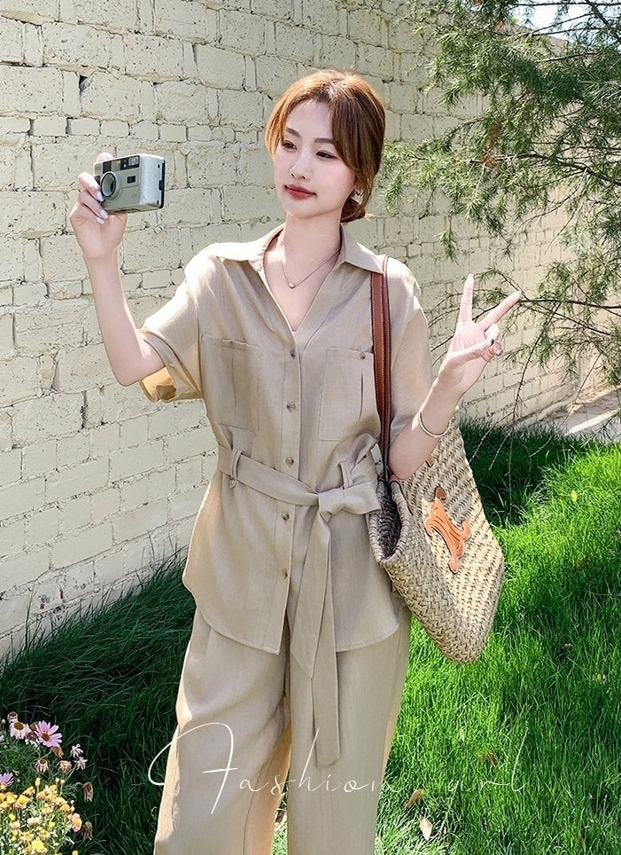 Khaki Relaxed Fit Waist Shirt And Wide Leg Pants Set