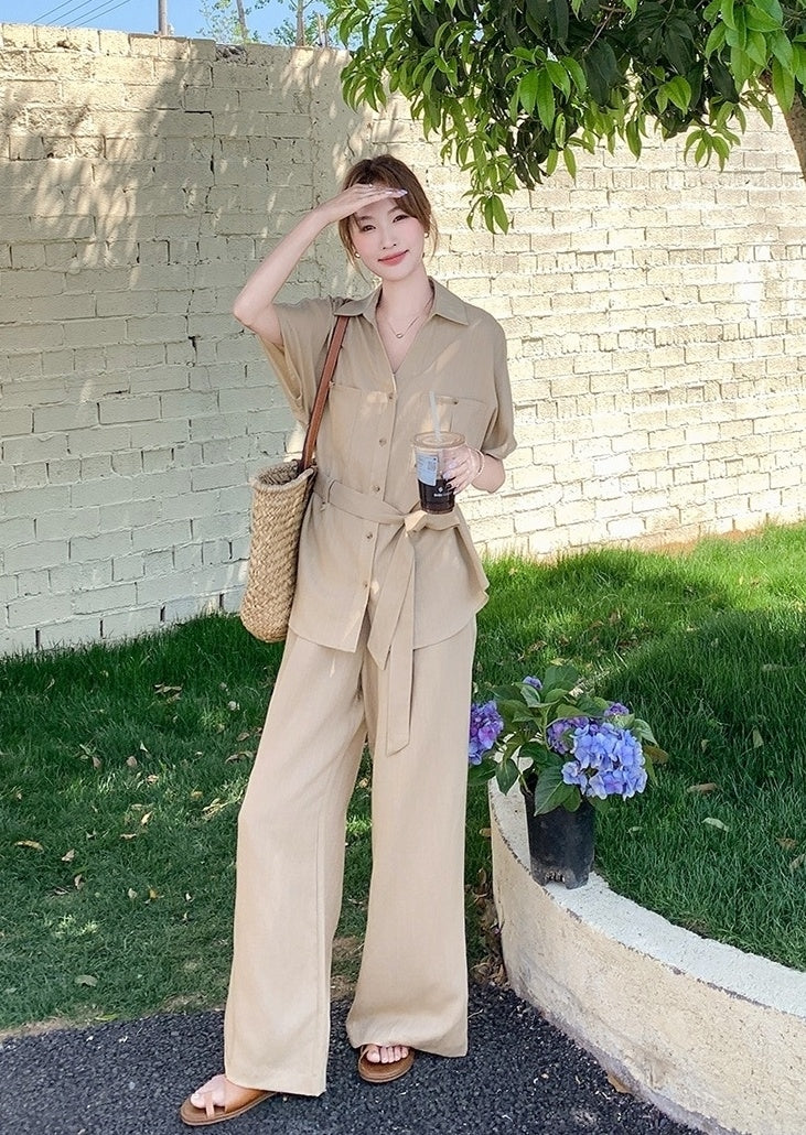 Khaki Relaxed Fit Waist Shirt And Wide Leg Pants Set