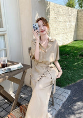 Khaki Relaxed Fit Waist Shirt And Wide Leg Pants Set