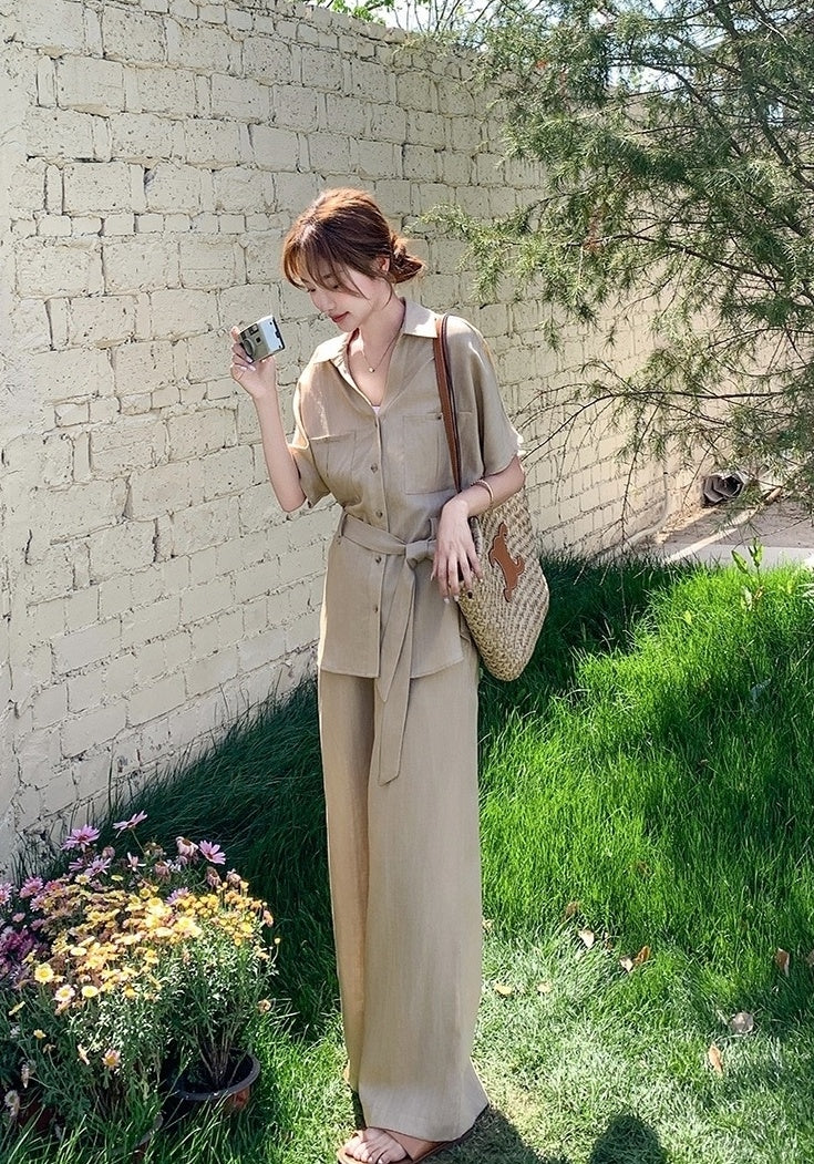 Khaki Relaxed Fit Waist Shirt And Wide Leg Pants Set