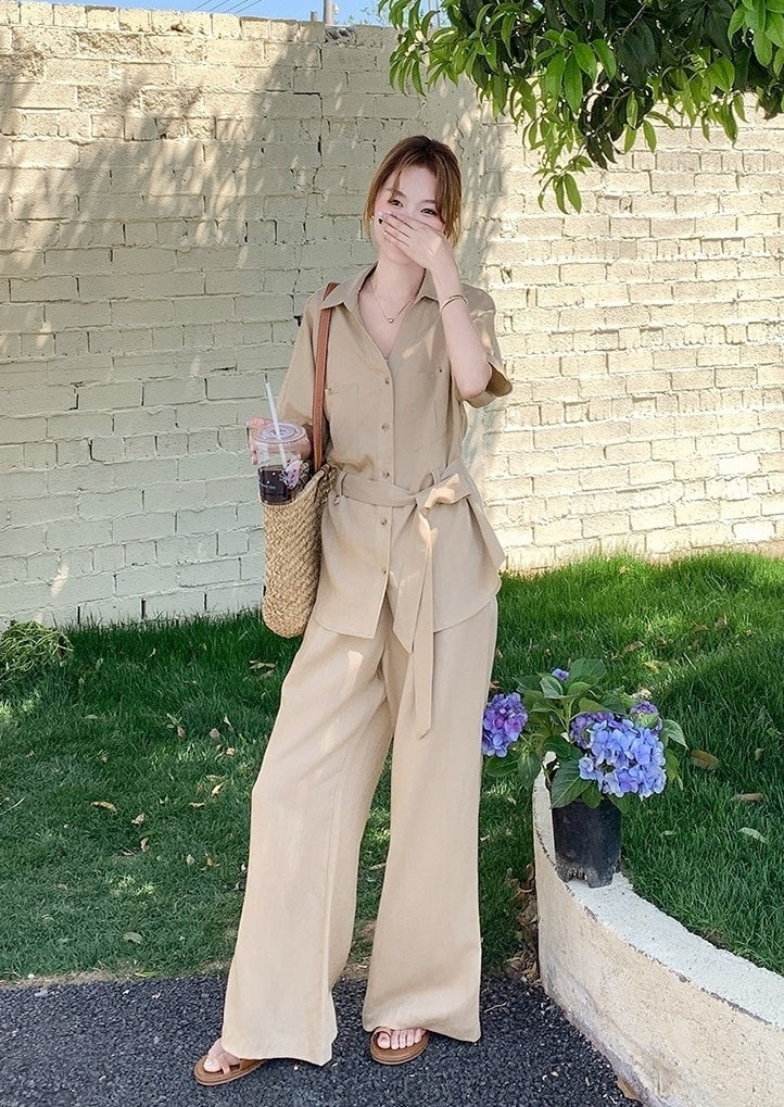 Khaki Relaxed Fit Waist Shirt And Wide Leg Pants Set