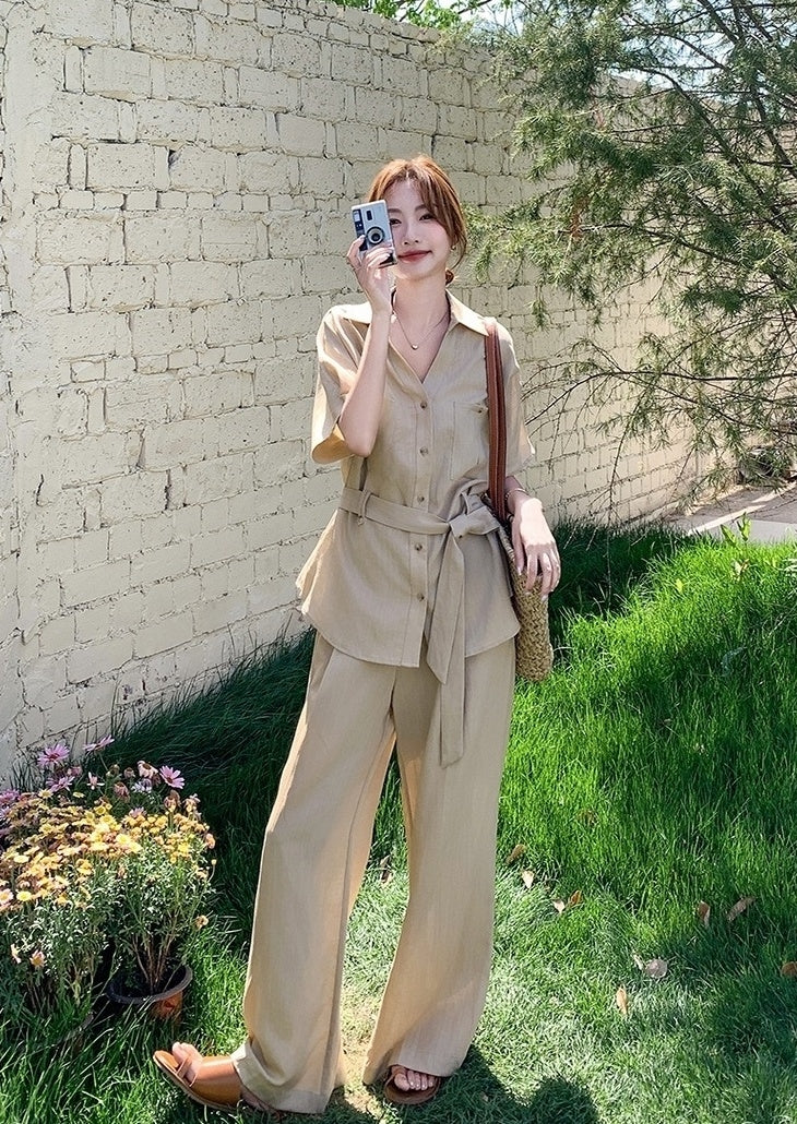Khaki Relaxed Fit Waist Shirt And Wide Leg Pants Set