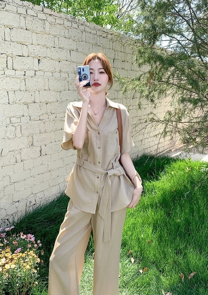 Khaki Relaxed Fit Waist Shirt And Wide Leg Pants Set