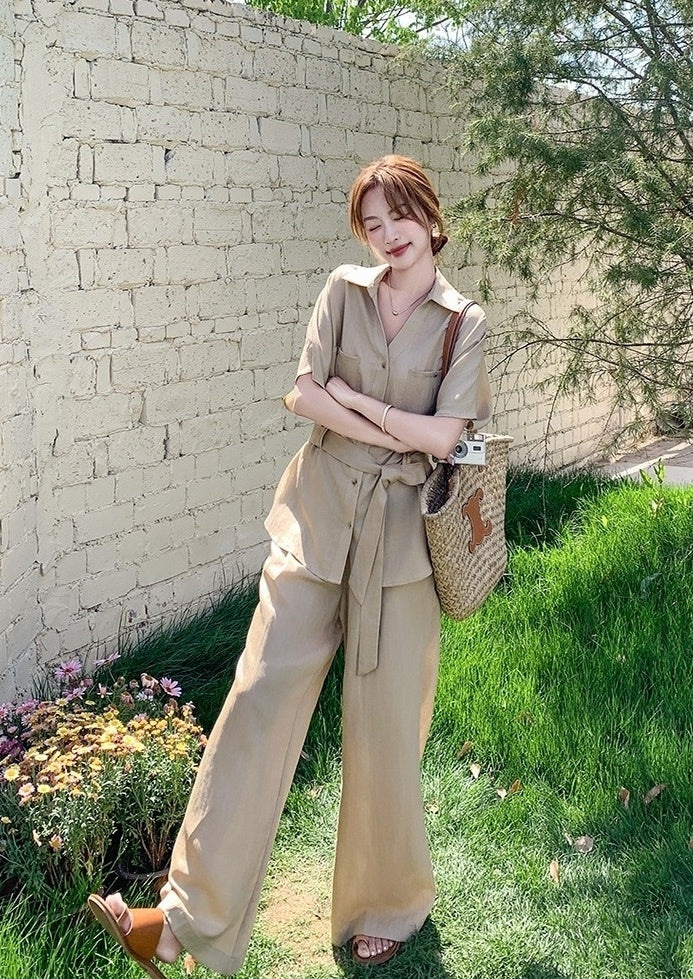 Khaki Relaxed Fit Waist Shirt And Wide Leg Pants Set