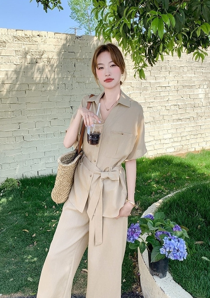 Khaki Relaxed Fit Waist Shirt And Wide Leg Pants Set