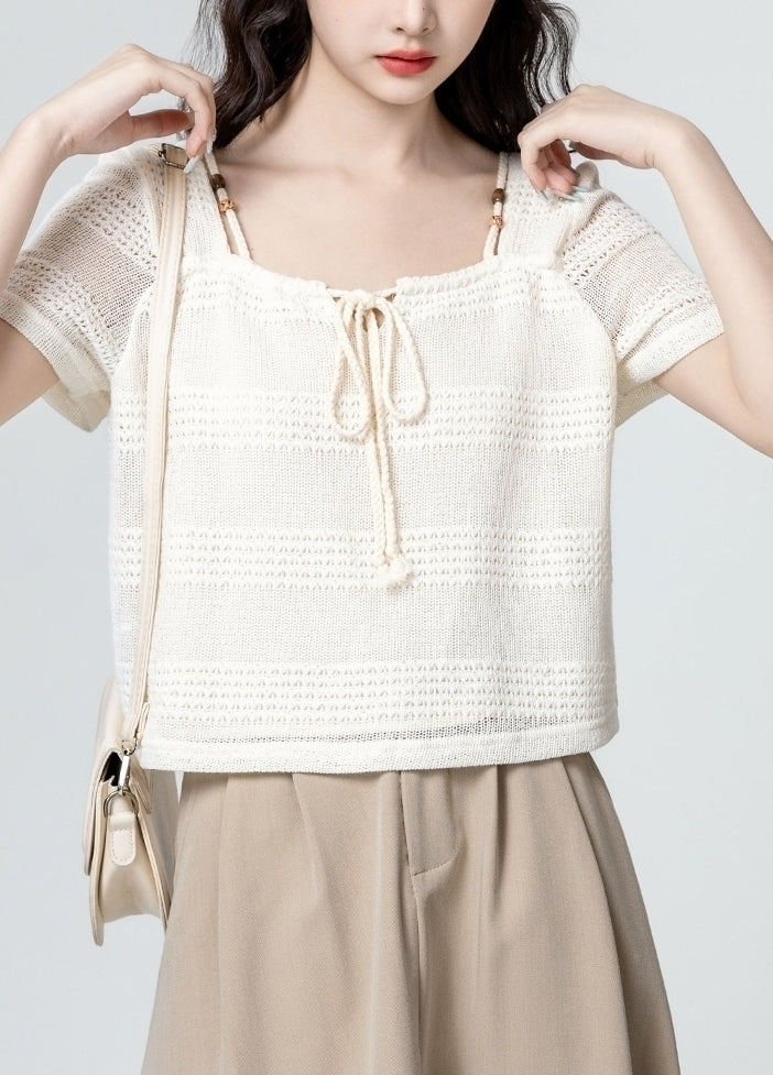 Knit Hollow Out Short Sleeve Tie Top