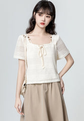 Knit Hollow Out Short Sleeve Tie Top