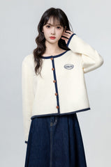 Beige Knit Cardigan With Embroided Logo