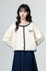Beige Knit Cardigan With Embroided Logo
