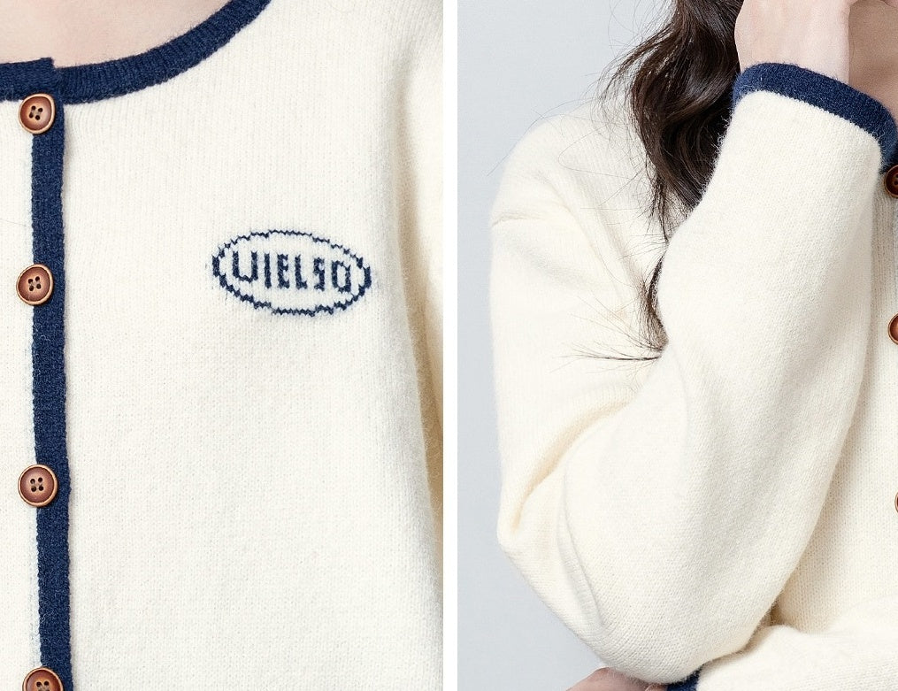 Beige Knit Cardigan With Embroided Logo