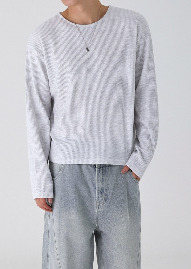 Lightweight Ribbed Crew Neck Long Sleeve T Shirt Casual Fit