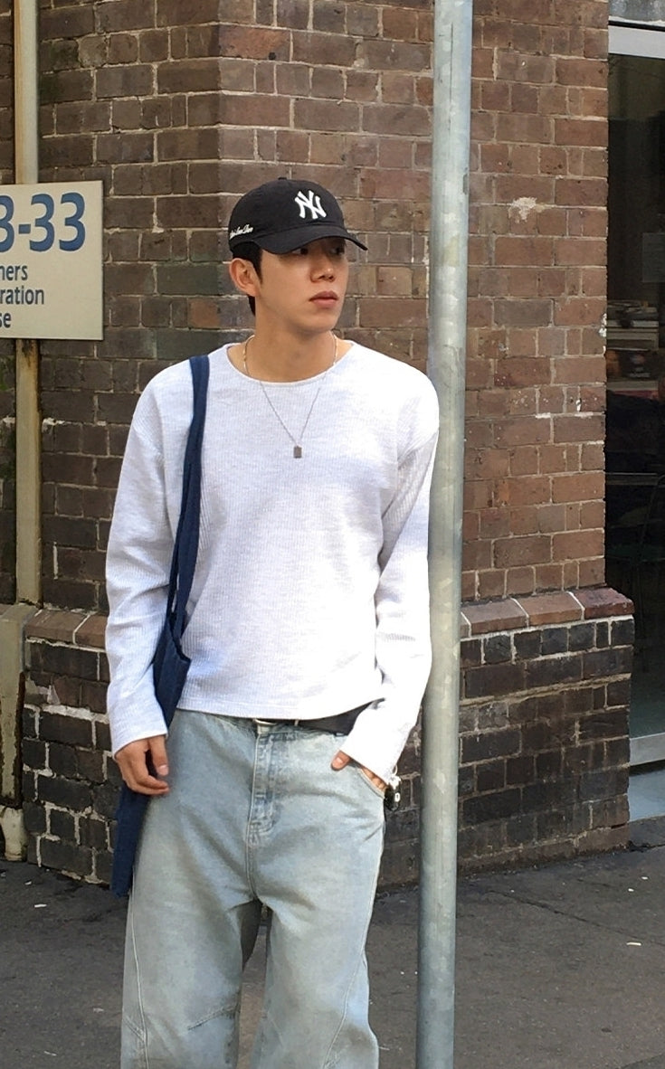Lightweight Ribbed Crew Neck Long Sleeve T Shirt Casual Fit