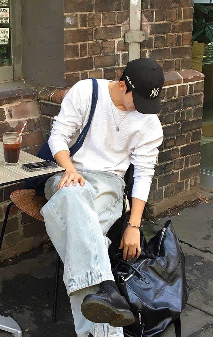 Lightweight Ribbed Crew Neck Long Sleeve T Shirt Casual Fit
