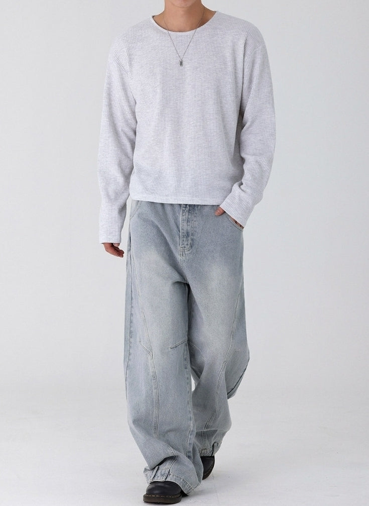 Lightweight Ribbed Crew Neck Long Sleeve T Shirt Casual Fit
