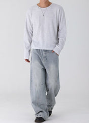 Lightweight Ribbed Crew Neck Long Sleeve T Shirt Casual Fit