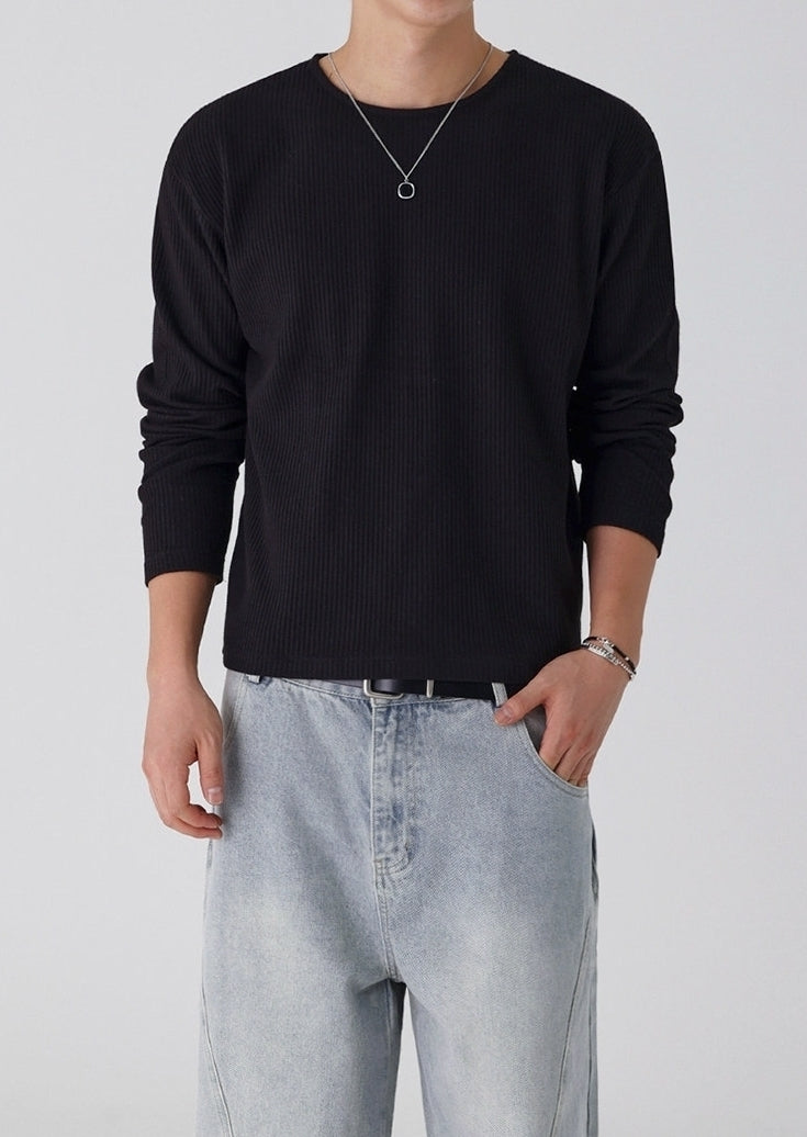 Lightweight Ribbed Crew Neck Long Sleeve T Shirt Casual Fit