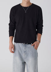 Lightweight Ribbed Crew Neck Long Sleeve T Shirt Casual Fit