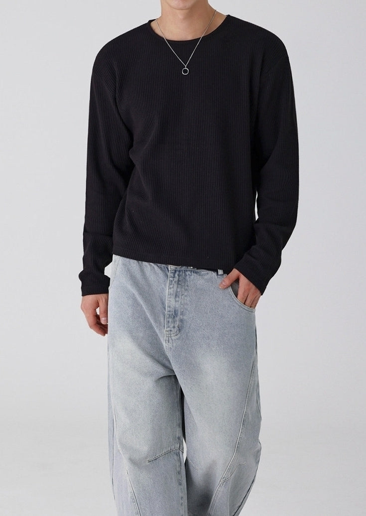 Lightweight Ribbed Crew Neck Long Sleeve T Shirt Casual Fit