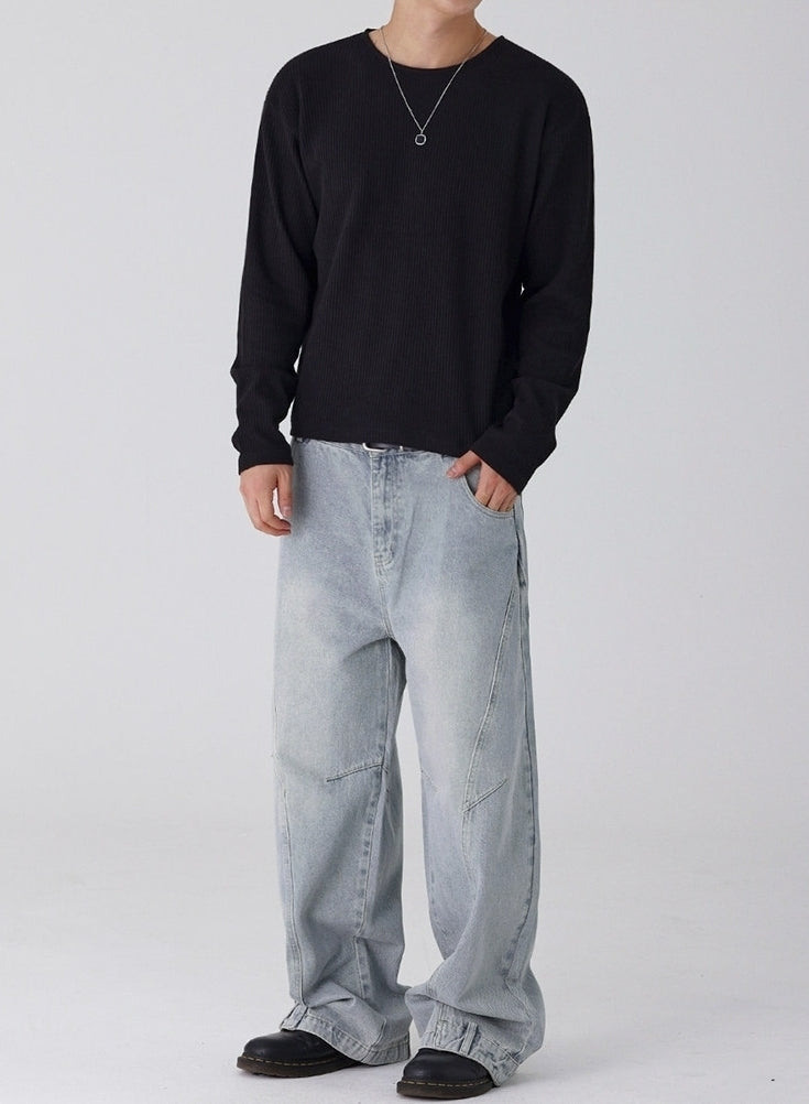 Lightweight Ribbed Crew Neck Long Sleeve T Shirt Casual Fit