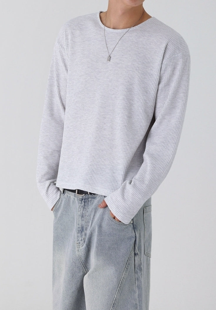 Lightweight Ribbed Crew Neck Long Sleeve T Shirt Casual Fit