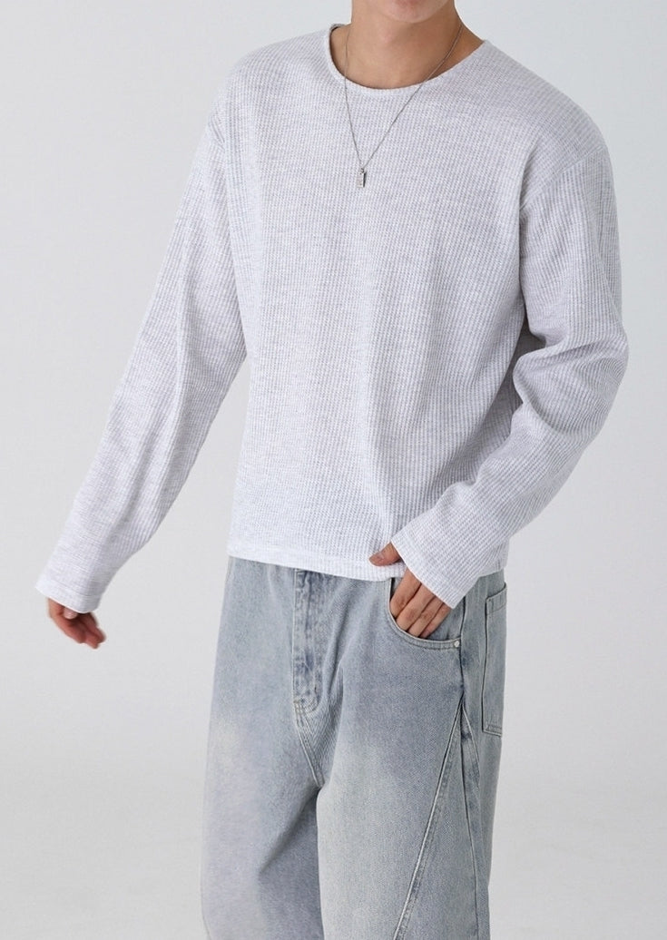 Lightweight Ribbed Crew Neck Long Sleeve T Shirt Casual Fit
