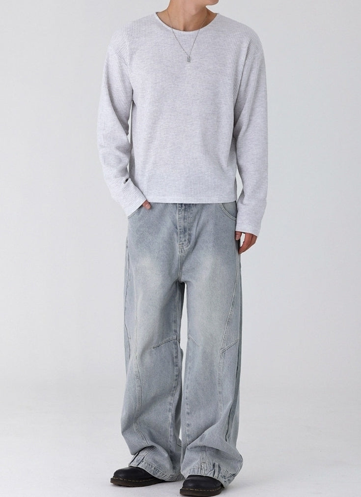 Lightweight Ribbed Crew Neck Long Sleeve T Shirt Casual Fit