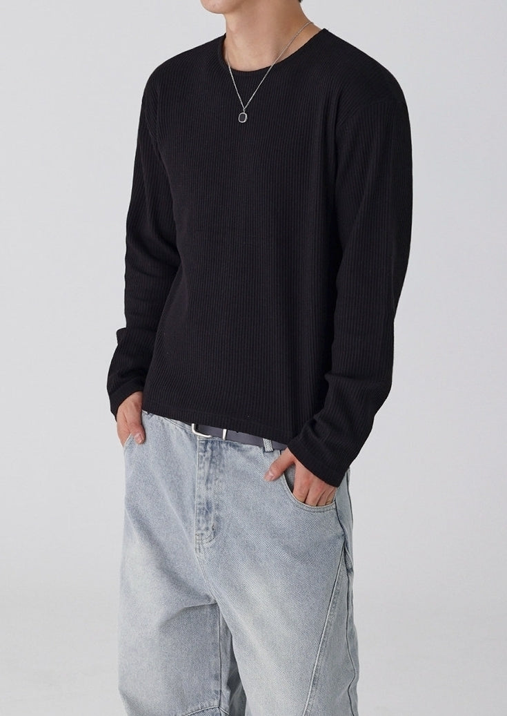 Lightweight Ribbed Crew Neck Long Sleeve T Shirt Casual Fit