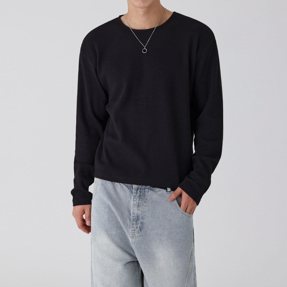 Lightweight Ribbed Crew Neck Long Sleeve T Shirt Casual Fit