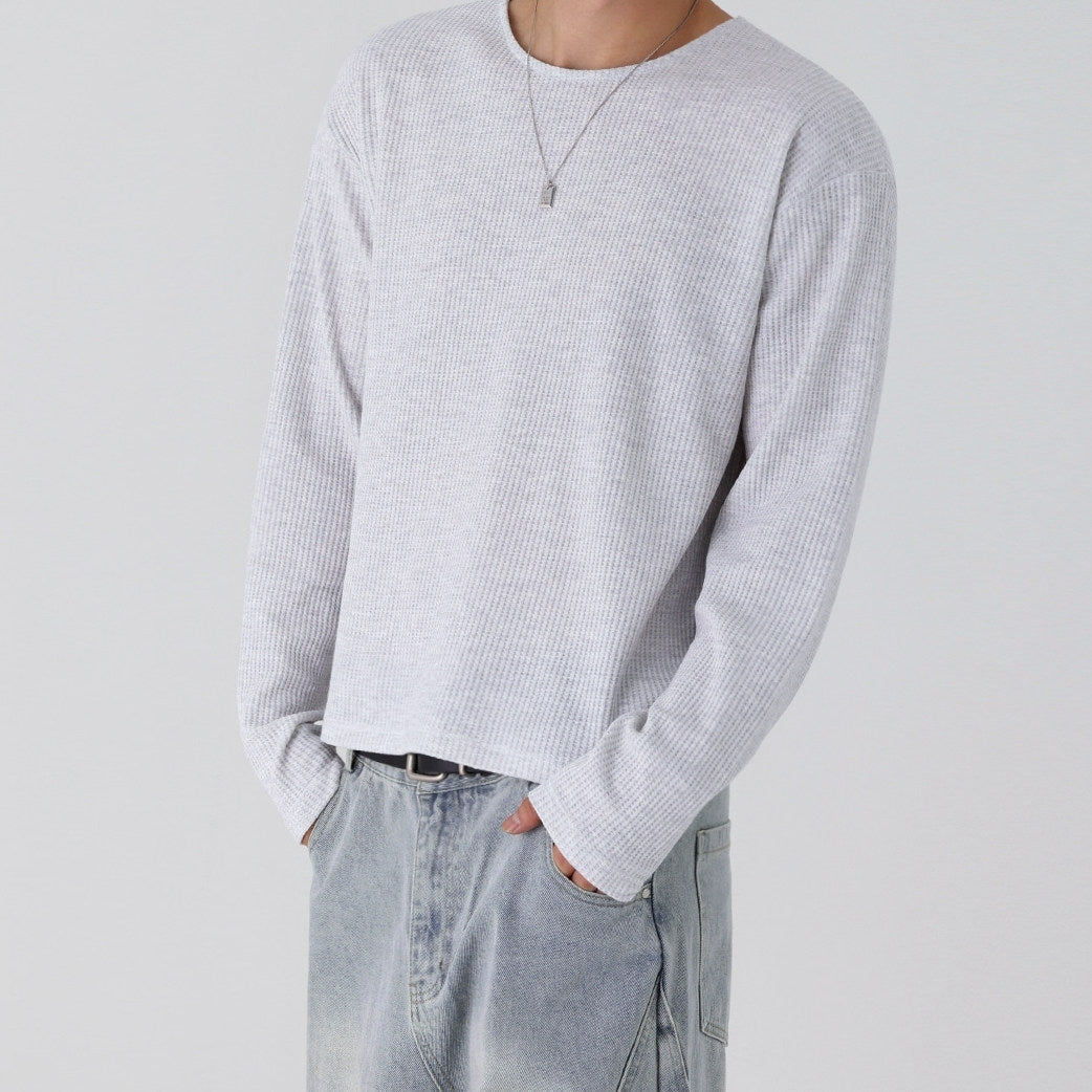 Lightweight Ribbed Crew Neck Long Sleeve T Shirt Casual Fit