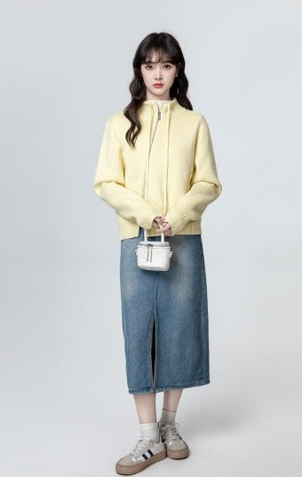 Knit Sweater Jacket With Irregular Zipper