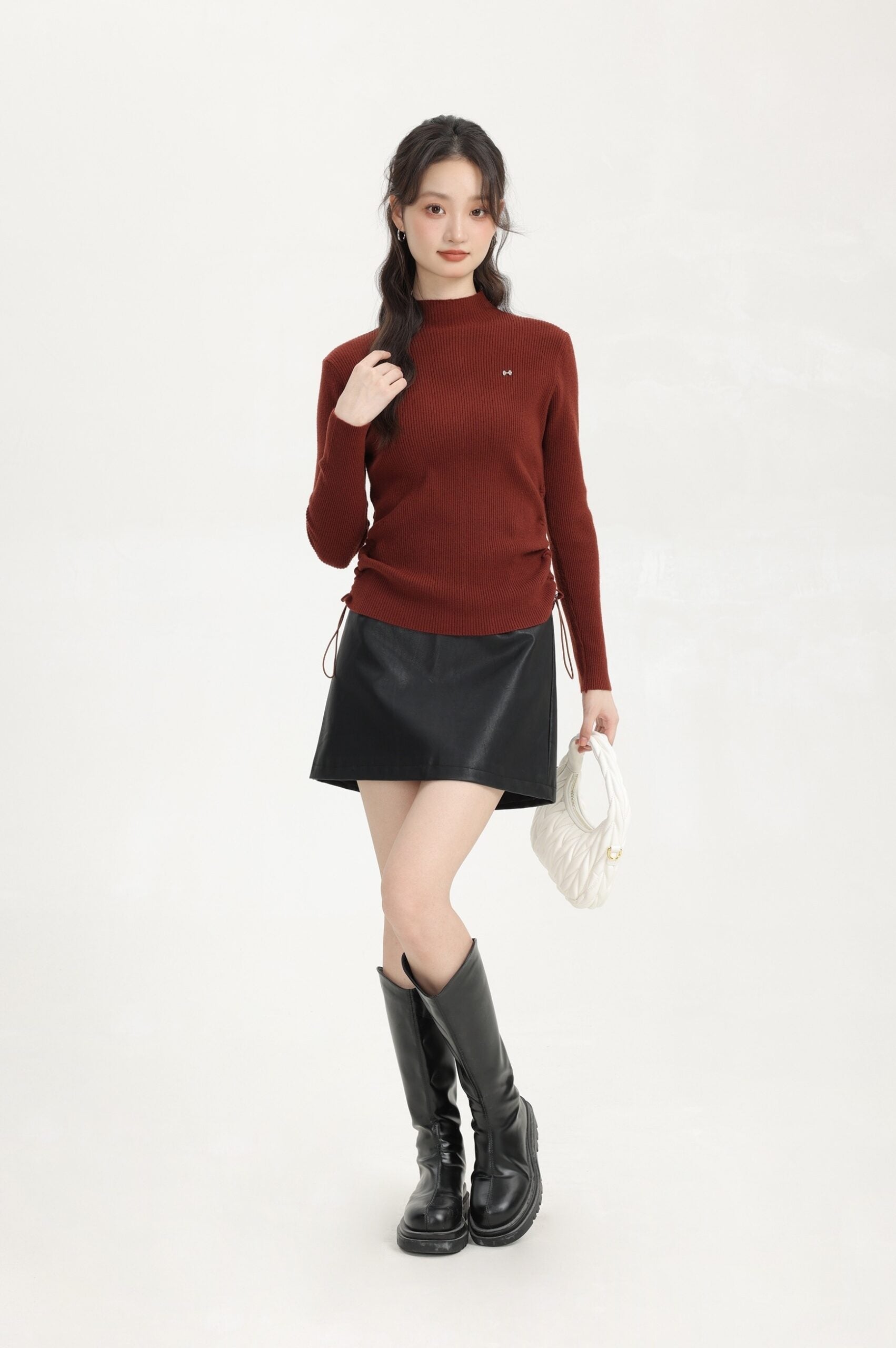 Red Turtleneck Sweater With Side Drawstring And Bow Logo