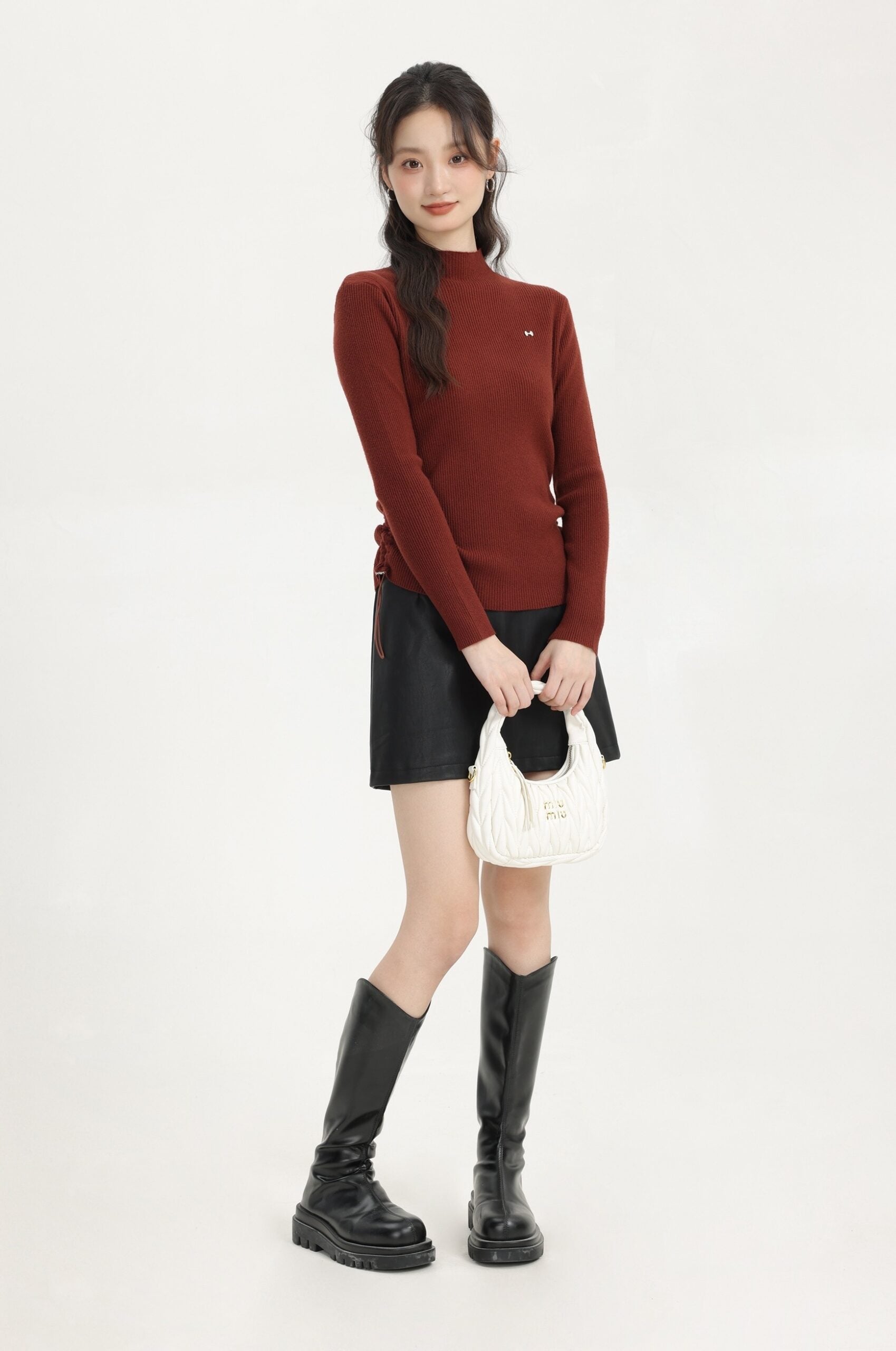 Red Turtleneck Sweater With Side Drawstring And Bow Logo
